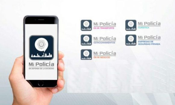 Aplicación de Mi Policia en portada, funciones y locaciones en donde es útil, con una vista previa en iphone 6